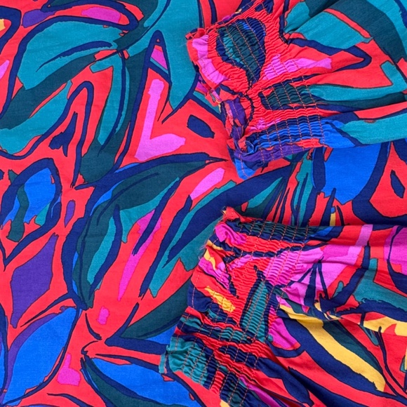 Sugarlips Tropical Short Puff-Sleeve Blouse Womens M Split-Neck 100% Cotton - Picture 6 of 9